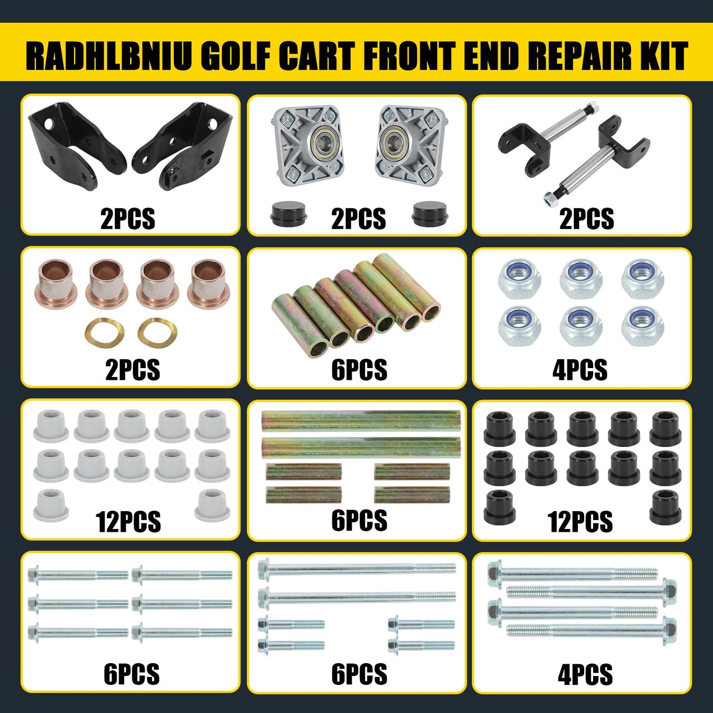 RADHLBNIU Golf Cart Front End Repair Kit Compatible with 2004 Up Club Car Precedent Gas Electric, Front Wheel Hub King Pin Bearing Bushings Full Sets Replace# 102357701 102289701 102288101 102288401