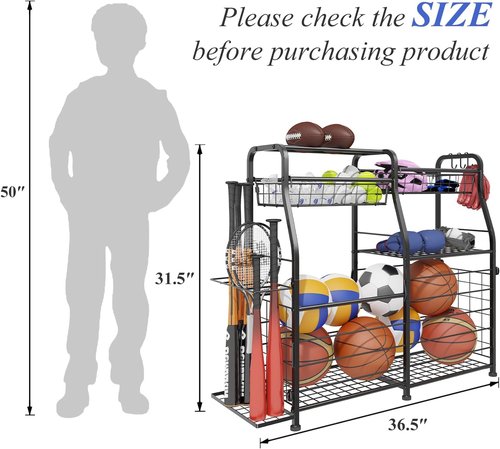 Garage Sports Equipment Organizer - Mobile Ball Storage Rack with Elastic Rope | Indoor/Outdoor Use, Black