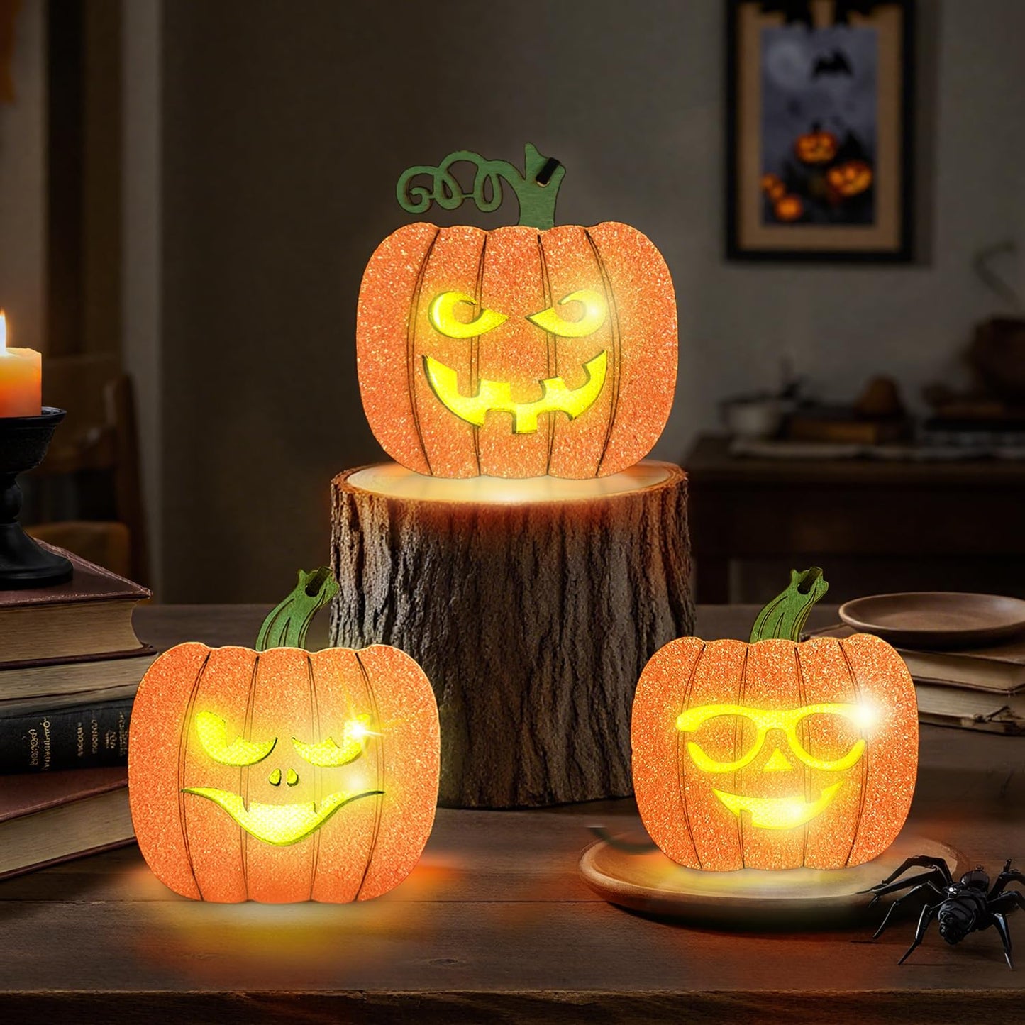 Schreckify Halloween Decorations Indoor 3PCS,Light Up Pumpkin Halloween Wooden Table Centerpieces Sign for Mantel Office Tabletop Tiered Tray