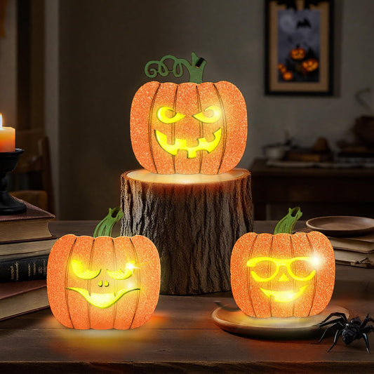 Schreckify Halloween Decorations Indoor 3PCS,Light Up Pumpkin Halloween Wooden Table Centerpieces Sign for Mantel Office Tabletop Tiered Tray