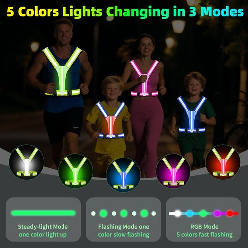 LED Reflective Vest - Adjustable Running Gear with 5 Light Colors & 3 Modes | Perfect for Men, Women & Kids
