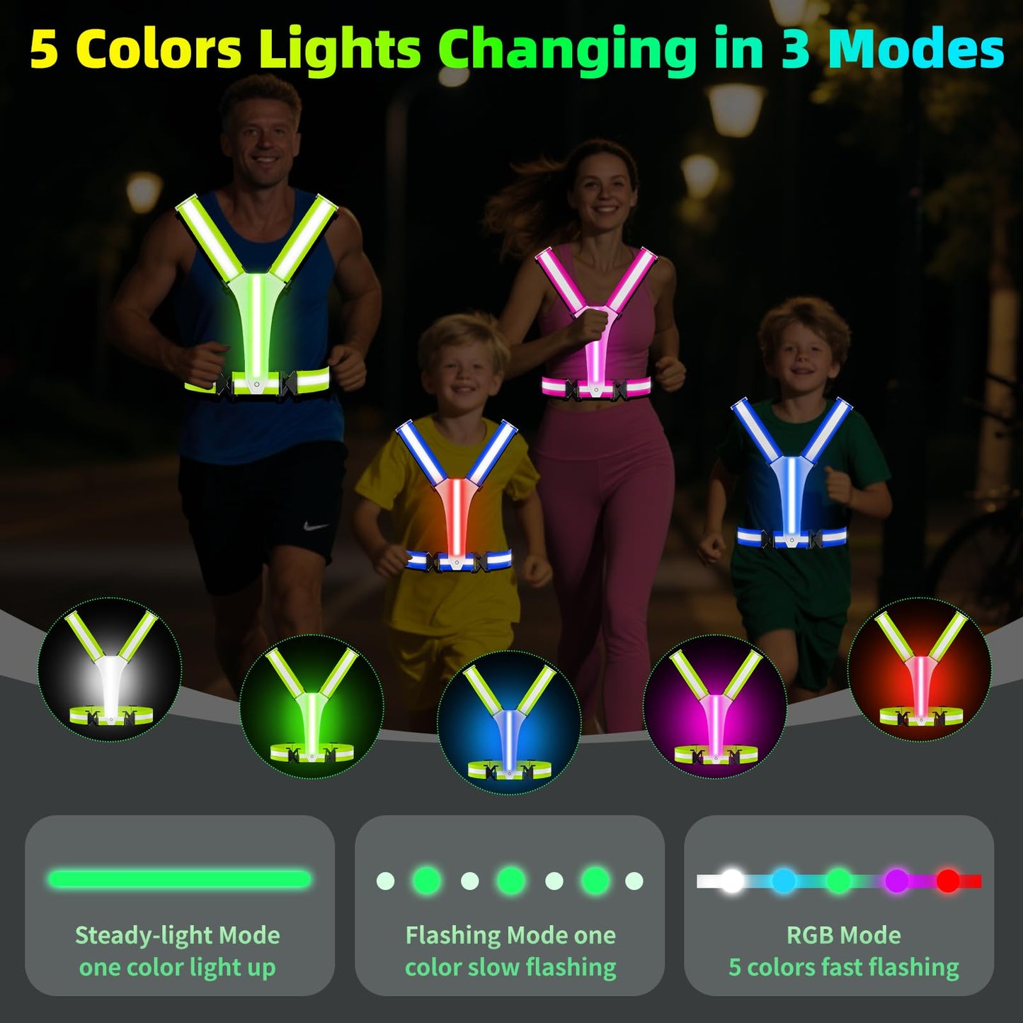 ConKrian LED Reflective Vest Running Gear, 5 Lights Colors, 3 Modes, Adjustable for Running, Cycling, Walking - Led Running Vest for Men, Women, Kids(Blue)