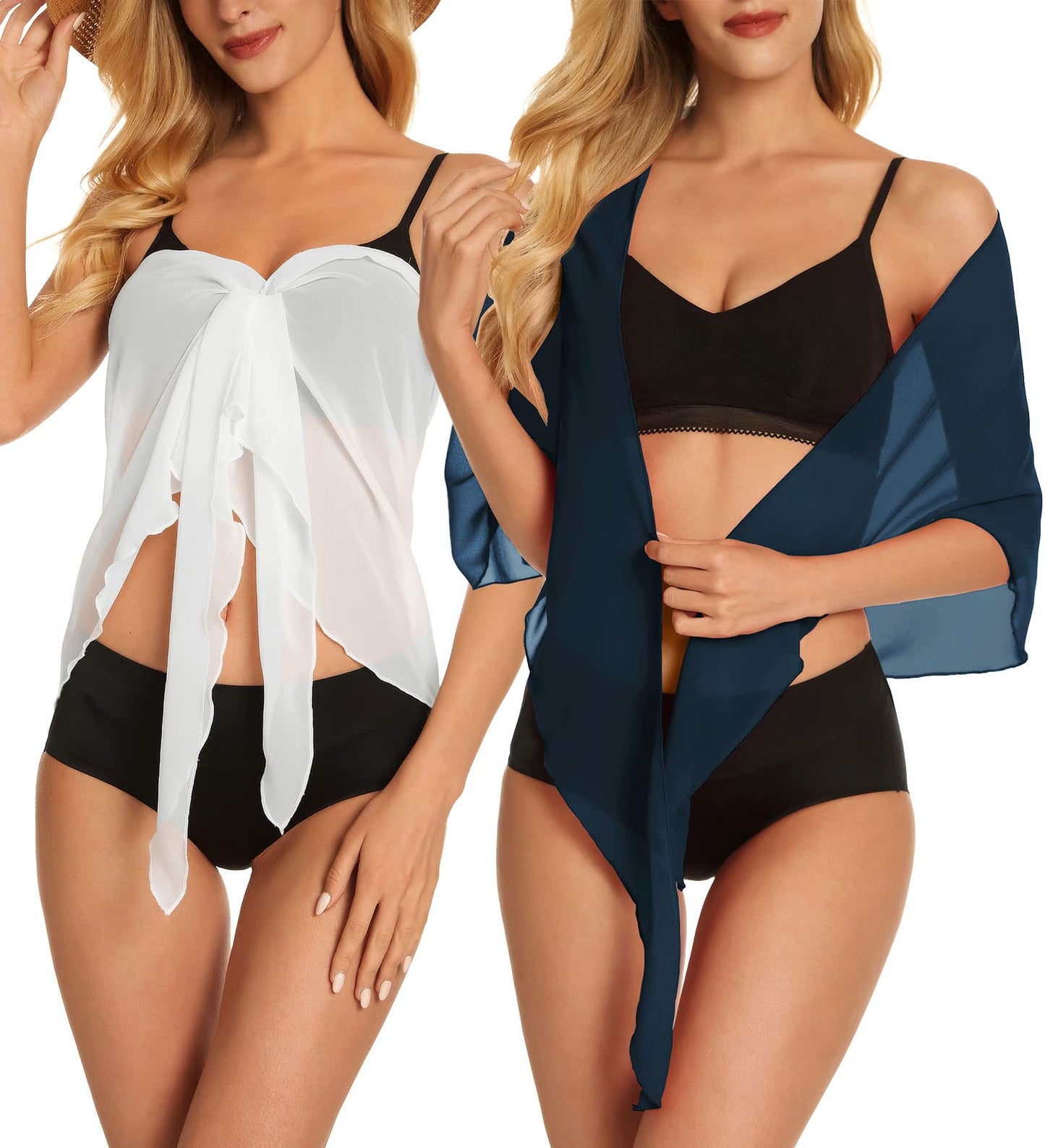 2 Pieces Sarong Cover Ups for Women Beach Bathing Suit Wrap Sheer Short Skirt Bikini Chiffon Scarf for Swimwear (White Navy Blue