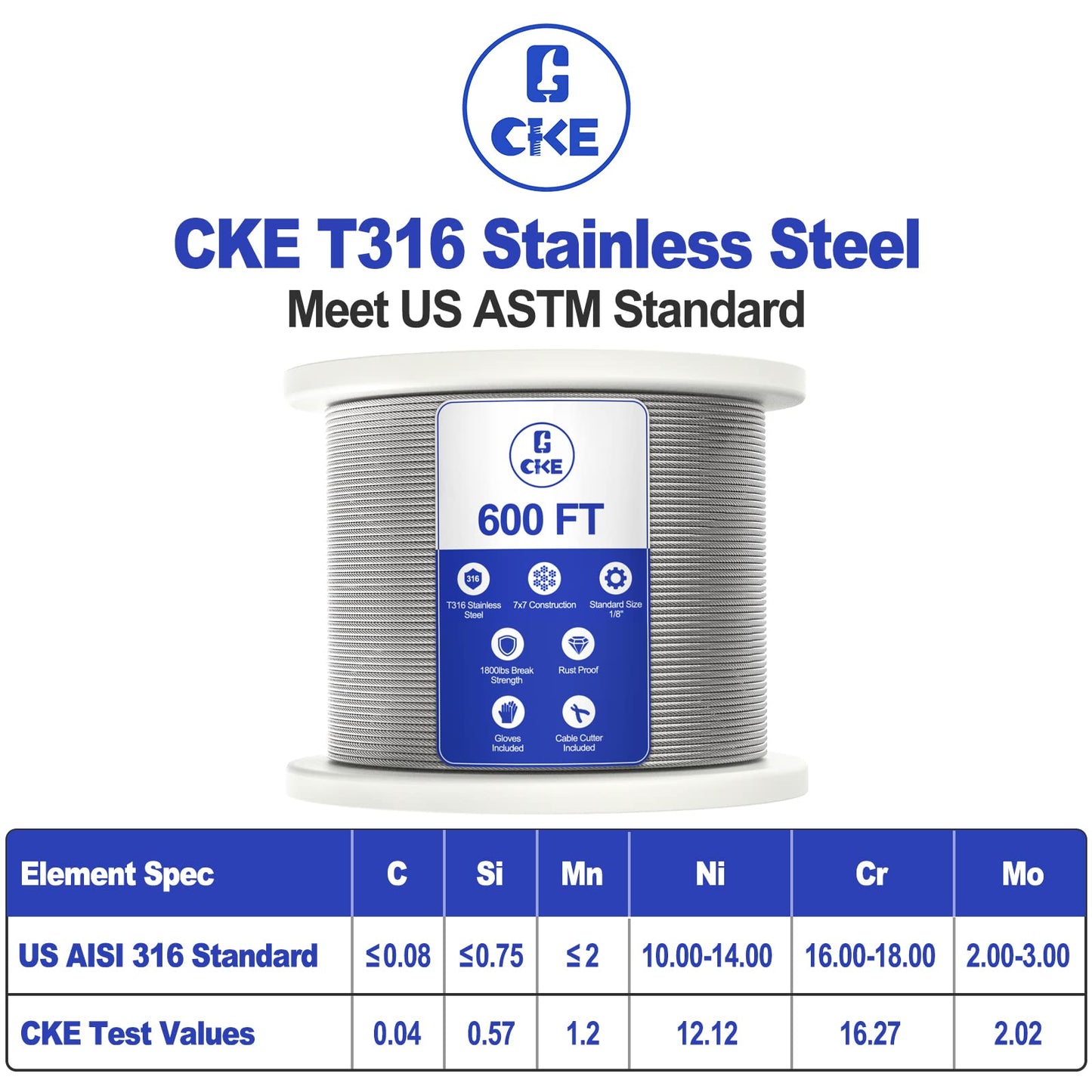 CKE 600FT 1/8" Stainless Steel Cable Railing System Hardware, T316 Marine Grade Stainless Steel Wire Rope Cable for Deck Cable Railing Kits, 7x7 Strands Aircraft Cable Wire Rope, DIY Balustrades CW600