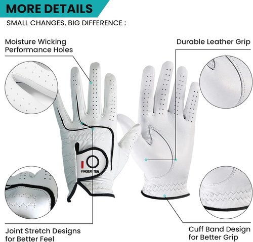 FINGER TEN Golf Gloves - Premium Soft Cabretta Leather | Tour Fit Grip, Left & Right Hand, Cadet Sizes S-XXL