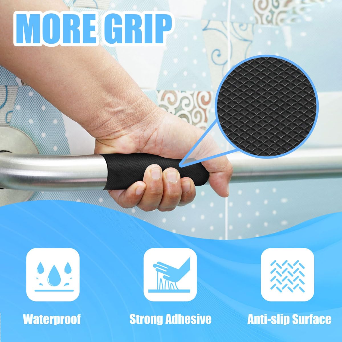 Yorwe Rubber Grip Tape - Ultra-Thin Anti-Slip Waterproof Cushion Pad for Safer Handles | Black, 1In x 10Ft