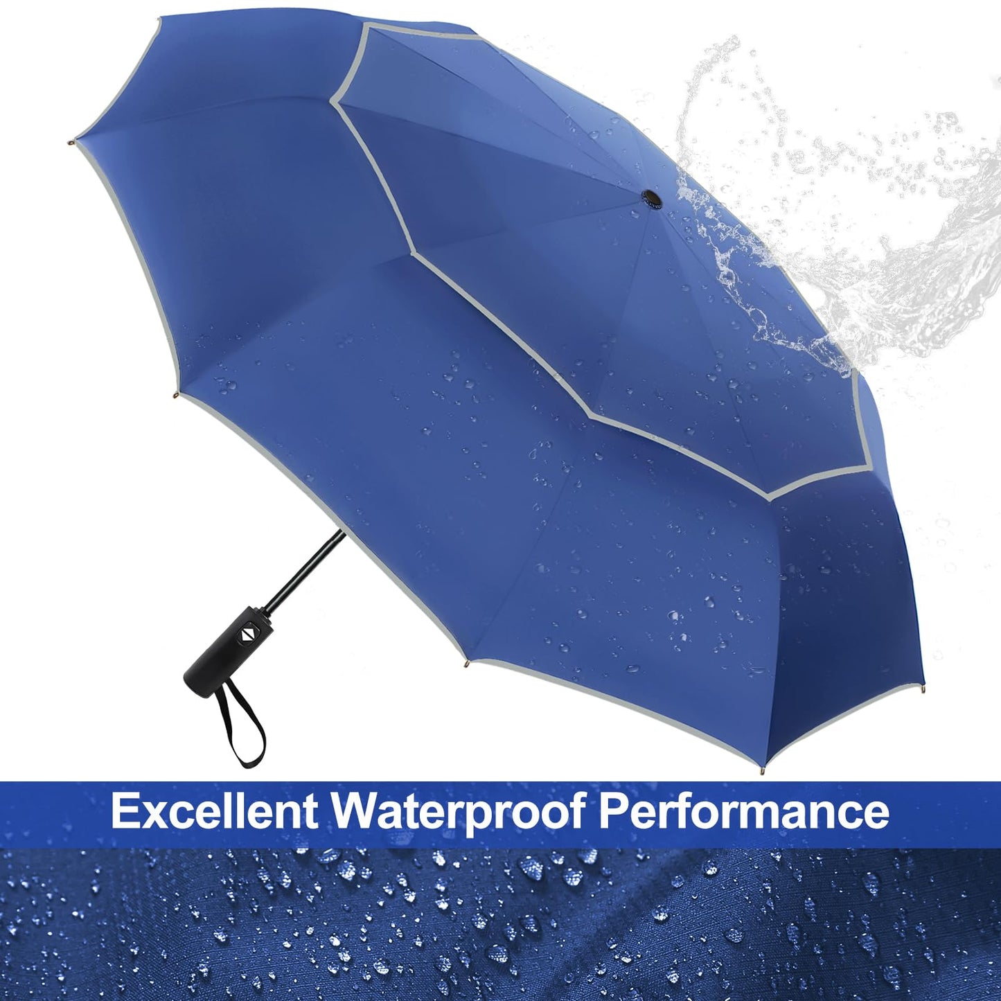 Satol 62 Inch Large Portable Golf Umbrella with Reflective Stripe, Windproof 10 Ribs Vented Double Canopy Oversize Compact Rain Umbrellas for Travel, Waterproof UV Protection Umbrella Auto Open/Close