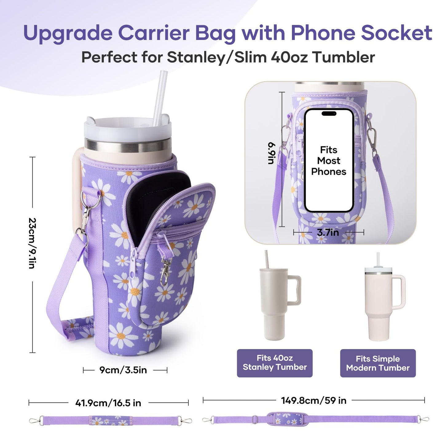 Water Bottle Carrier Bag,Water Bottle Holder with Straps Phone Pockets Fits Stanley Cup 40oz Tumbler (Purple Daisy-40oz)
