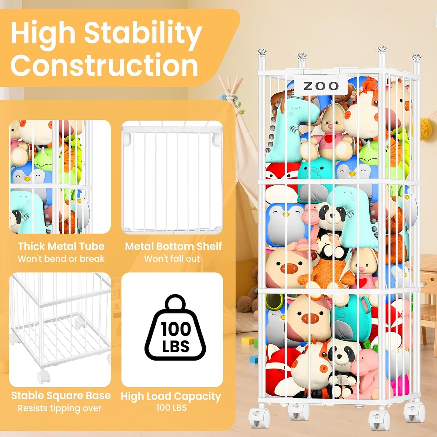 TomCare Extra Large Stuffed Animal Storage - Space-Saving Organizer with 4 Lockable Wheels for Playroom/Bedroom