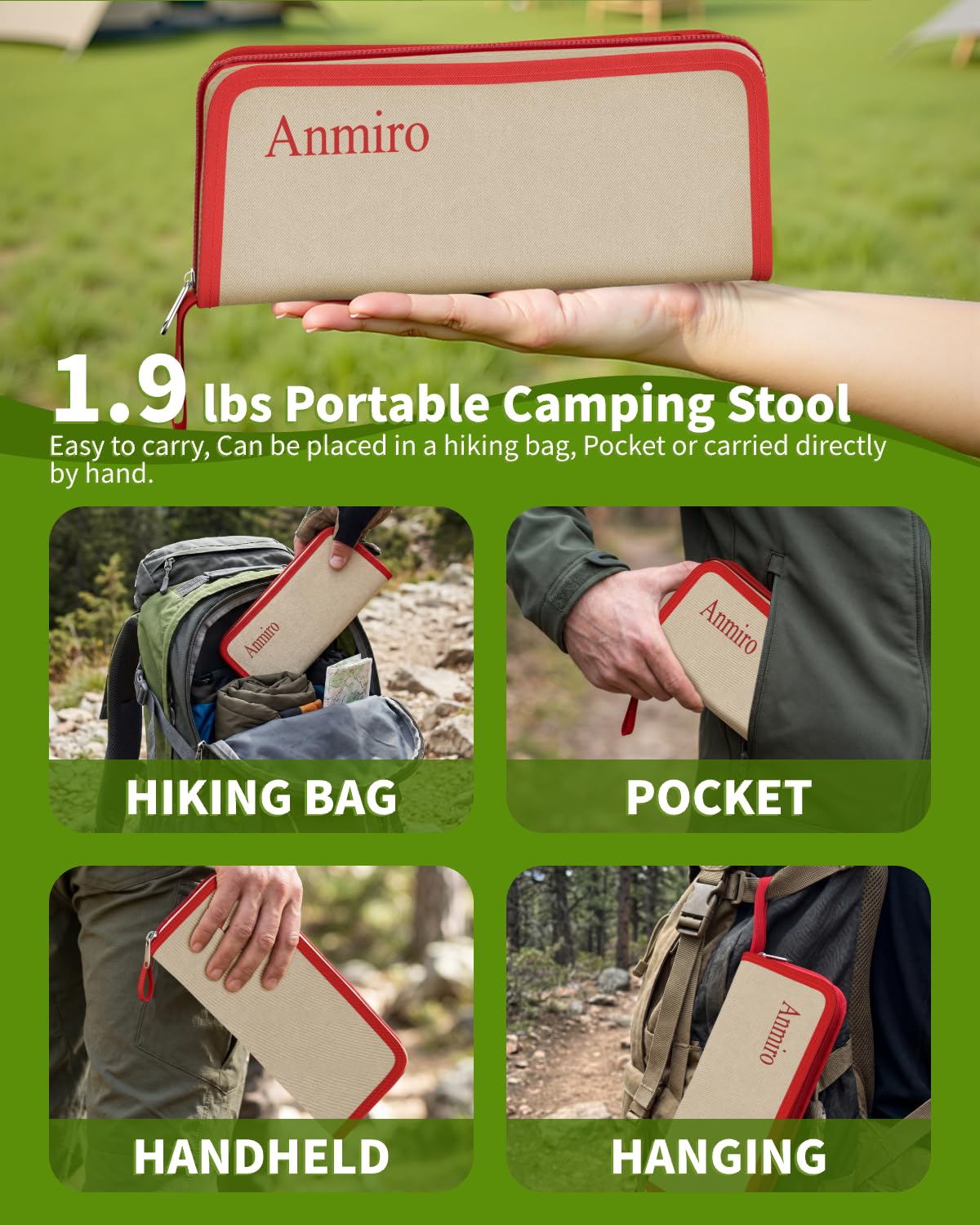 Anmiro Portable Folding Camping Stool, 12.6 Inch Lightweight Mountaineering Hiking Stool, Outdoor Beach Fishing Garden Foldable Stool with Carry Bag, Supports Up to 200LB