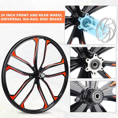 24 Inch Mountain Bike Wheelset, Lightweight Aluminum Alloy Disc Brake Wheels, 10 Spokes, 7-12 Speeds Threaded Freewheel, Universal Fit for 6 Bolts Disc Brake Mountain/Folding/Cruiser/BMX/Kids Bike