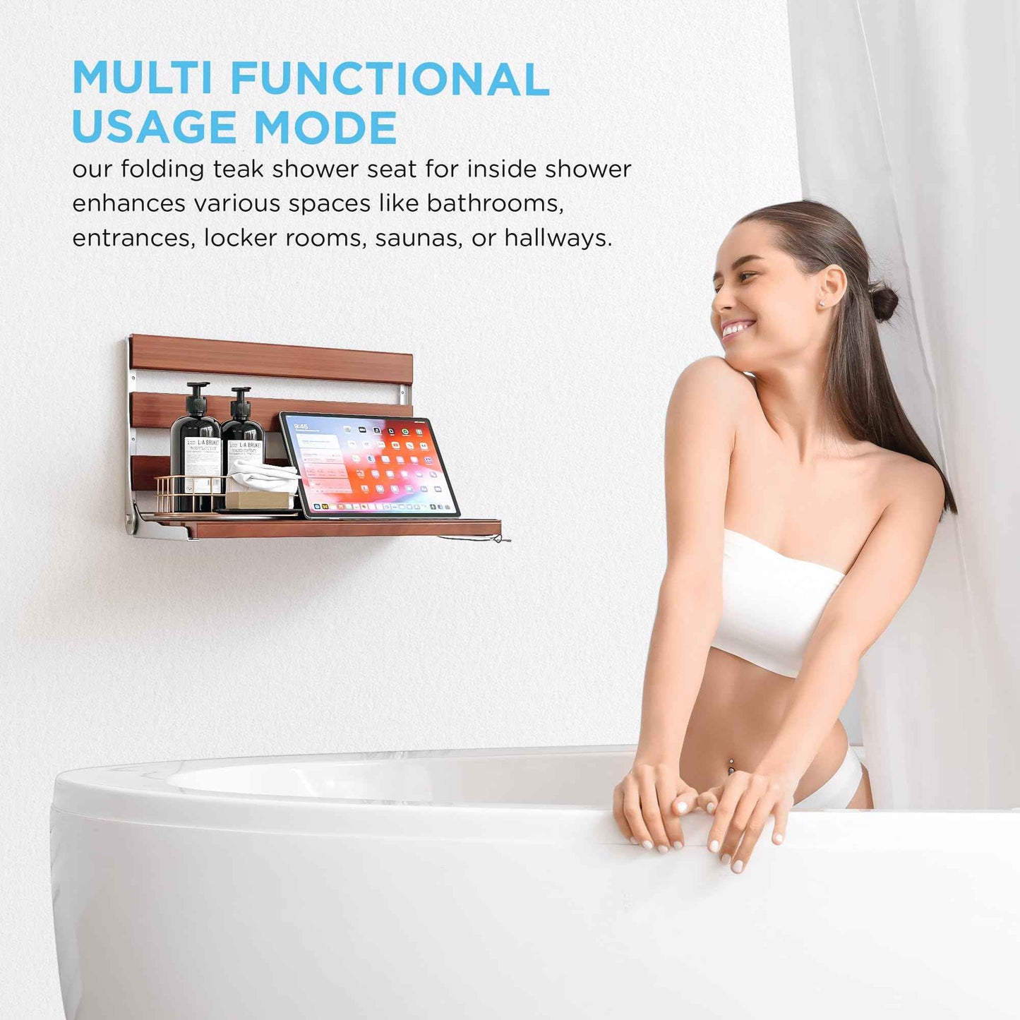 Kfpmx Folding Shower Seat Wall Mounted Teak Bench – Fold Down Bath Safety Seat with 304 Stainless Steel Frame, ADA Compliant Shower Chair for Elderly, Seniors, Disabled, 500 lb Capacity, 17.7" x 12.5"