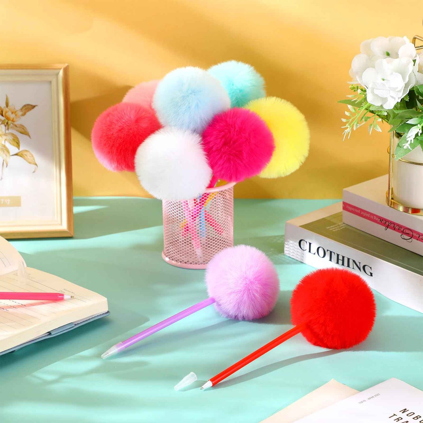Epakh 84 Pcs Pompom Ballpoint Pen Fluffy Ball Cute Kawaii Plush Fuzzy Pen Black Gel Ink Macaron Color Ballpoint Pompom Gift for Office Women Coworkers (9 Colors)