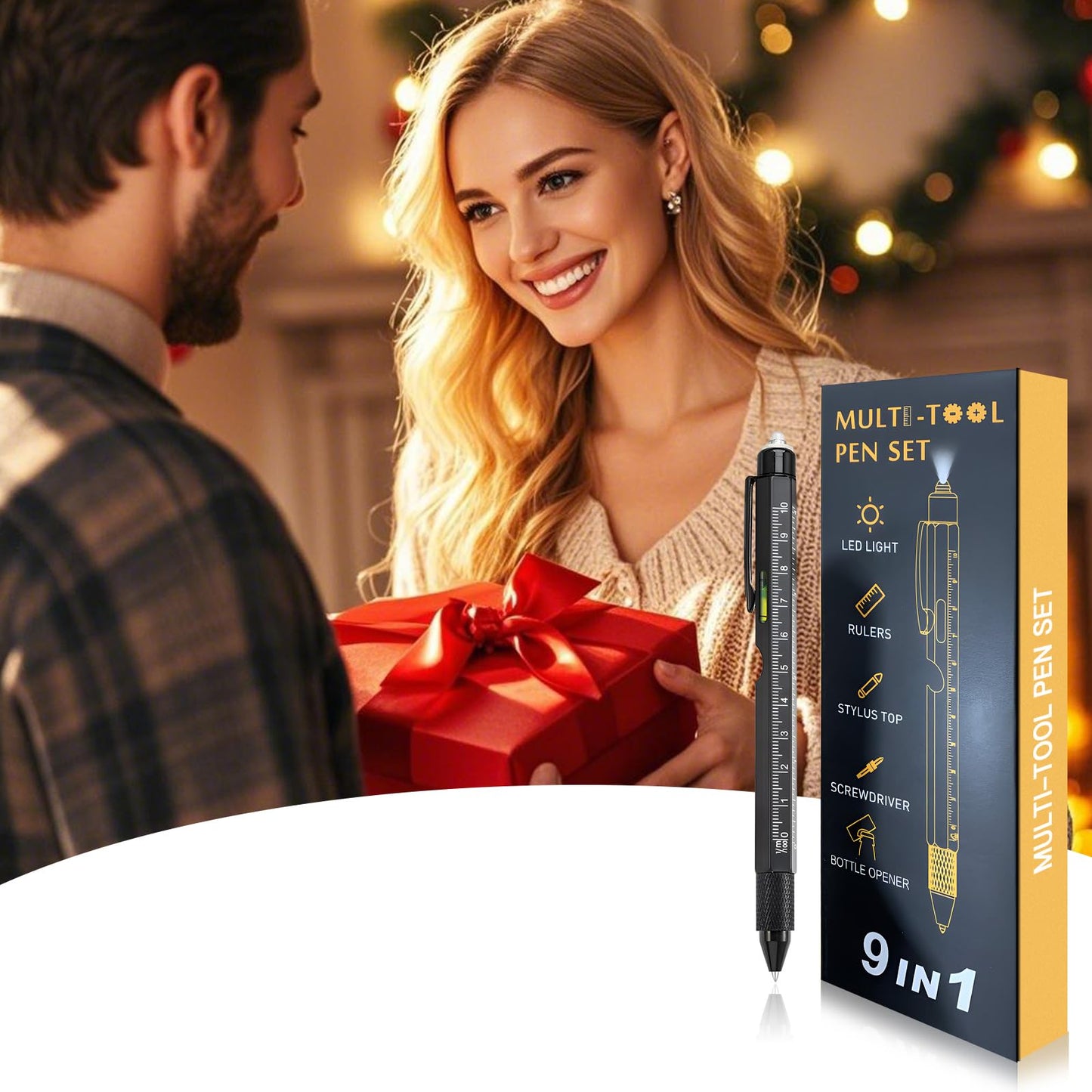 Christmas Gifts Stocking Stuffers for Men,Multitool Pen 9 in 1 Innovative Gift for Men,with LED Light,Ruler, Stylus,Bubble Level,Screwdrivers,Unique Gifts Gadgets for Him,Boyfriend,Husband