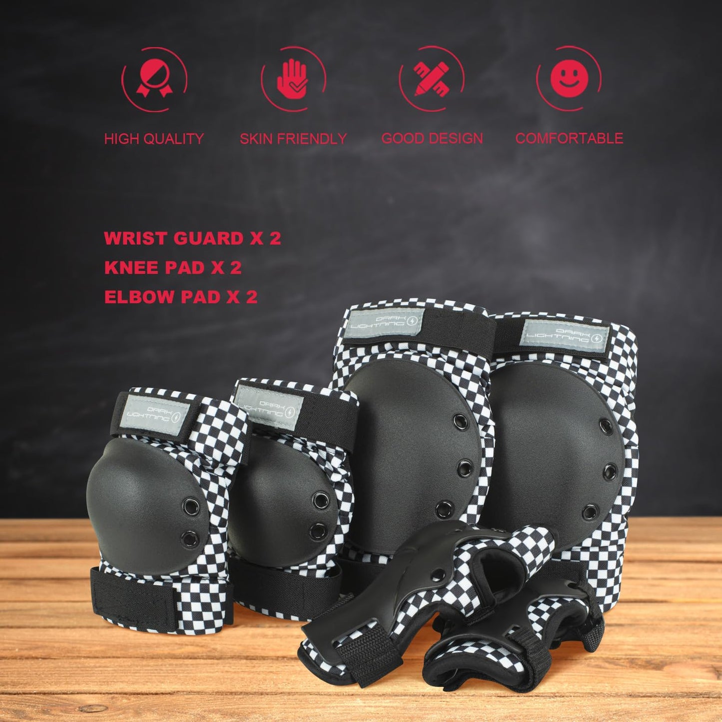 Dark Lightning Kids/Junior/Youth Knee Pads Elbow Pads Wrist Guards 3 in 1 Protective Gear, for Skateboard,Roller Skate,Inline,Cycling,MTB Bike,Scooter(Black Checker,L)