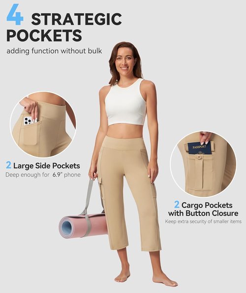 Casei Women's Yoga Capris - High Waisted Cargo Pants with Pockets | Casual Workout & Travel, 21" Length