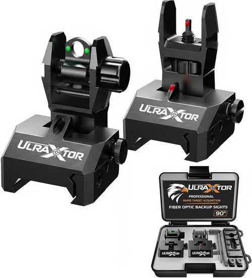 Fiber Optic Flip Up Iron Sight Set by Upgraded - Low Profile Picatinny Rail Backup Sights with Red/Green Dots