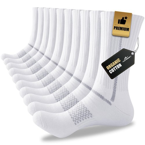 Niorasen Men's Cotton Crew Work Socks, 5 Pairs Cushioned Boot Moisture Athletic Socks for Hiking Sports Running 8-10 White