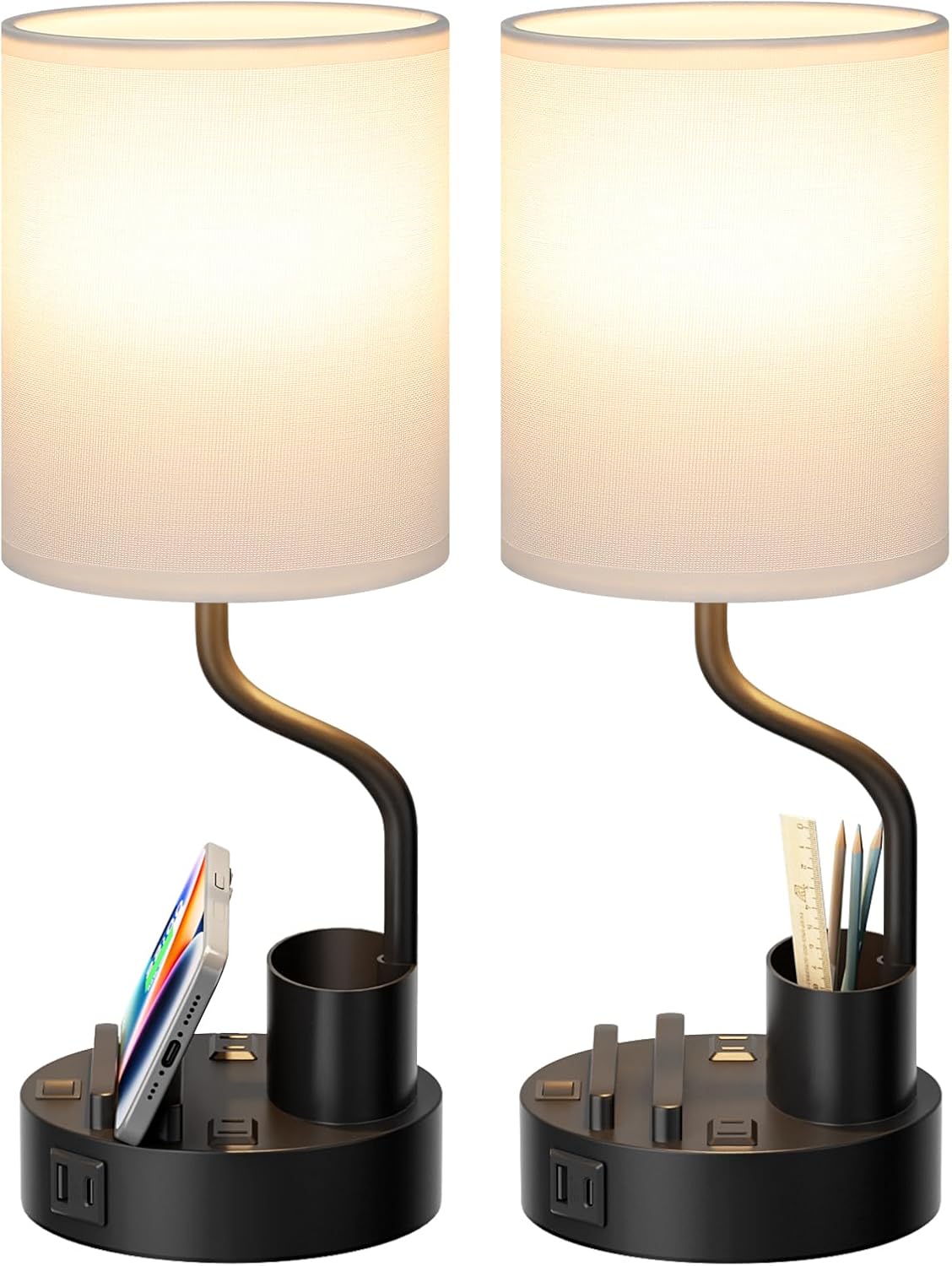 Set of 2 Bedside Table Lamps with USB & AC Outlet - 3 Color Temperatures, Desk Light & Phone Stand for Bedroom, Living Room, Office