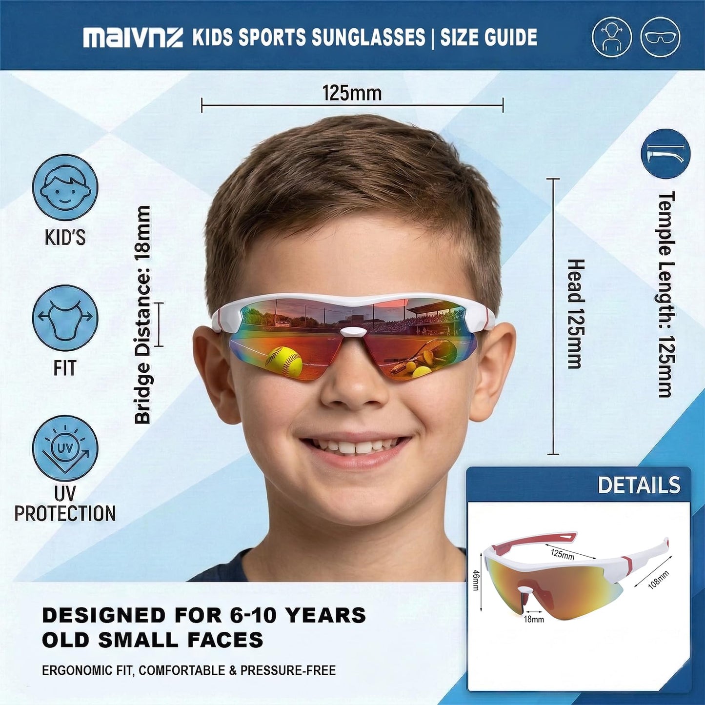 maivnz Kids Baseball Sunglasses, Boys Girls 6-10, White/Red Mirror