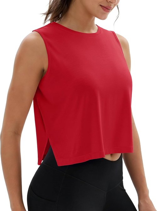 MAGCOMSEN Women's Crop Workout Tank Top - Sleeveless Loose Fit Gym & Yoga Top with Side Slits