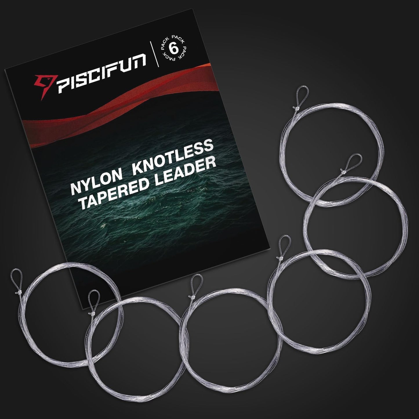 Piscifun Fly Fishing Leader with Pre-Tied Loop, Tapered Fly Line Leader, Nylon, Clear, 12ft, 6 Pack, 4X