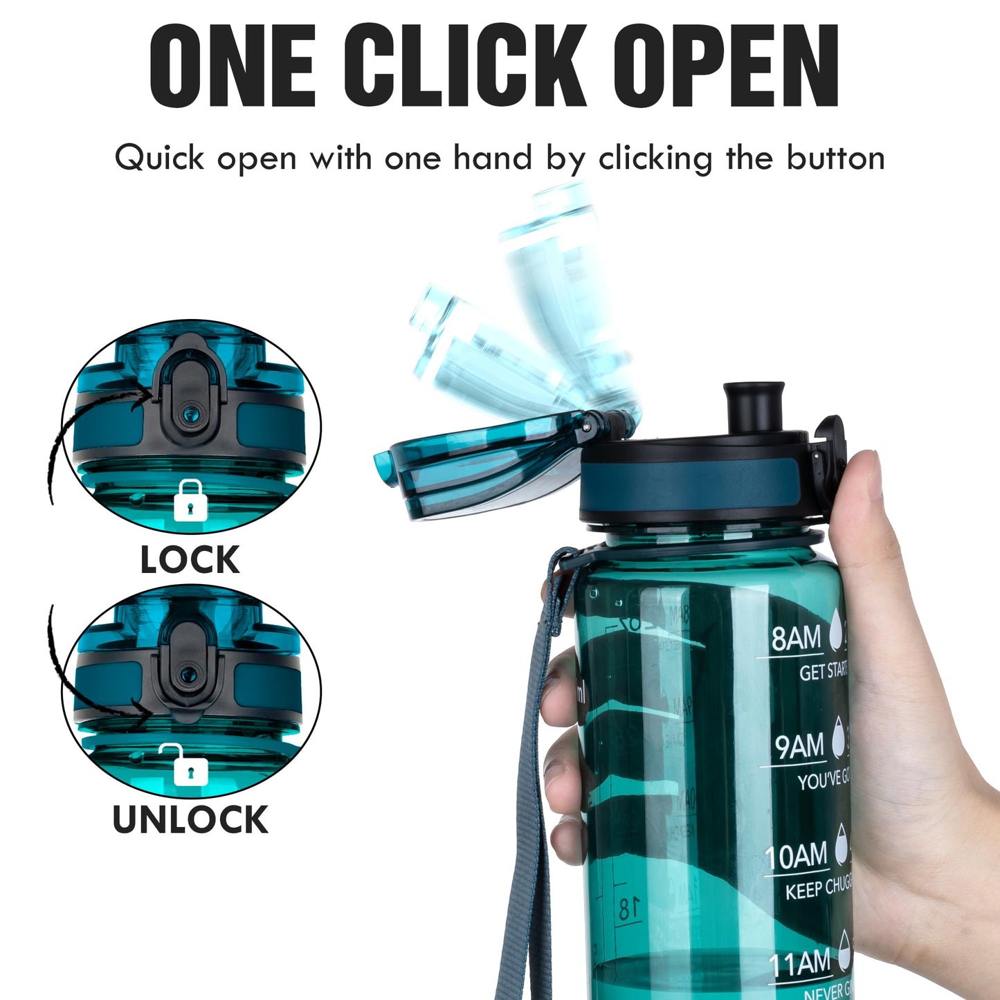 OLDLEY Water Bottle, 32oz Motivational Sports Water Bottle with Time Marker - Times to Drink - Tritan, BPA Free, Wide Mouth Leakproof, Anniversary Birthday Gifts for Men Women, Deep Sea (1 Bottle)