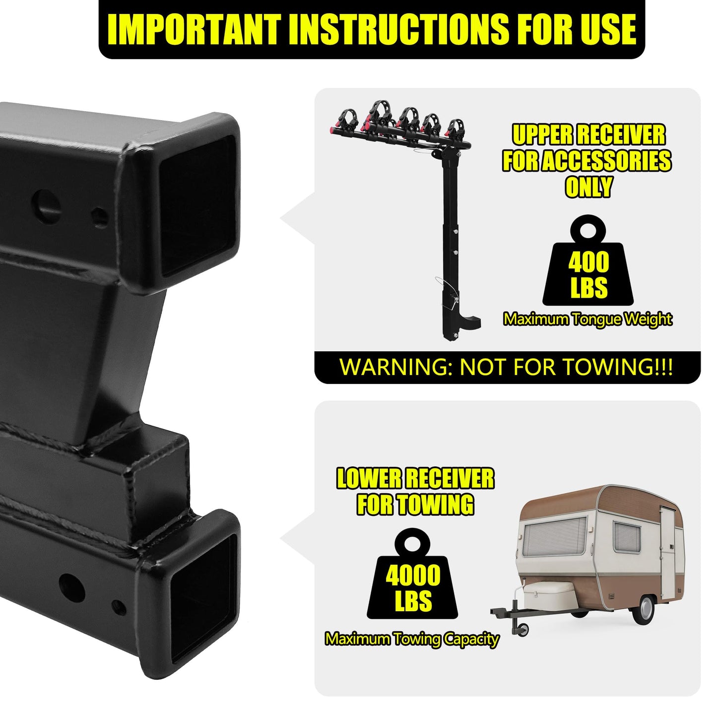 KAIRAY Trailer Dual Hitch Extender Adapter with 2-inch & 6-inch Riser/Drop, fit for 2" Receiver, 2-inch Shank, 10000lbs Towing Capacity