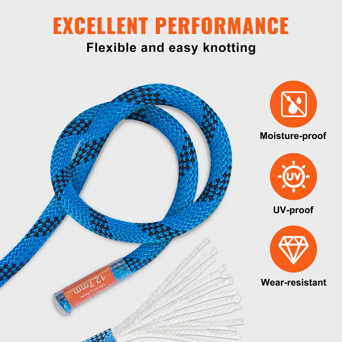 VEVOR 12.7mm Static Climbing Rope, 45.7M(150ft) Outdoor Rock Climbing Rope 30KN Breaking Tension, Fiber Rope for Escape, Rappelling, Fire Rescue, Blue