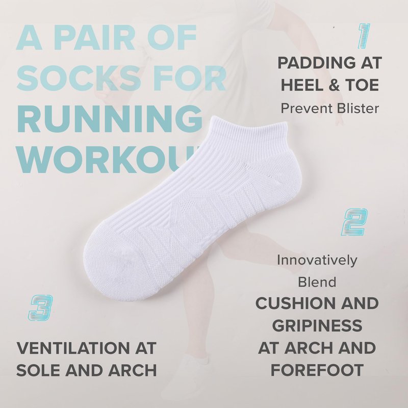Running Socks Men Women, Cushion Padded Anti-Blister, Coolmax Moisture Wicking Cooling, Targeted Compression, Ankle Low Cut No Show Walking Hiking Tennis Golf Gym Athletic Socks (Medium, White)
