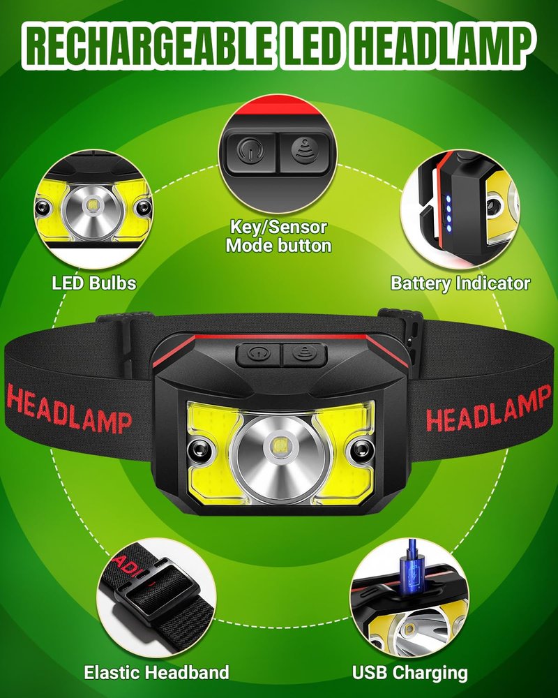 2 Pack Headlamp - Super Bright Rechargeable Flashlight, Fathers Day Fishing Gear Headlights 8 Modes with USB-C Fast Charge, IPX4 Waterproof Motion for Camping Essentials Hiking Home Emergency