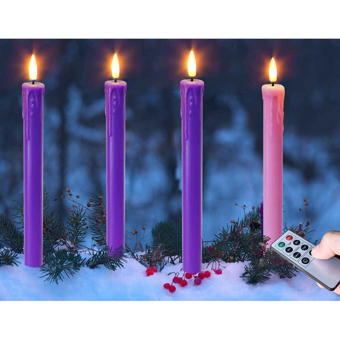 Abkshine Set of 4 LED Christmas Candle Lights, Battery Operated Taper Candles for Advent Wreath, 3 Purple 1 Rose Flickering Wax Flameless Candles for Holiday School Church Celebration