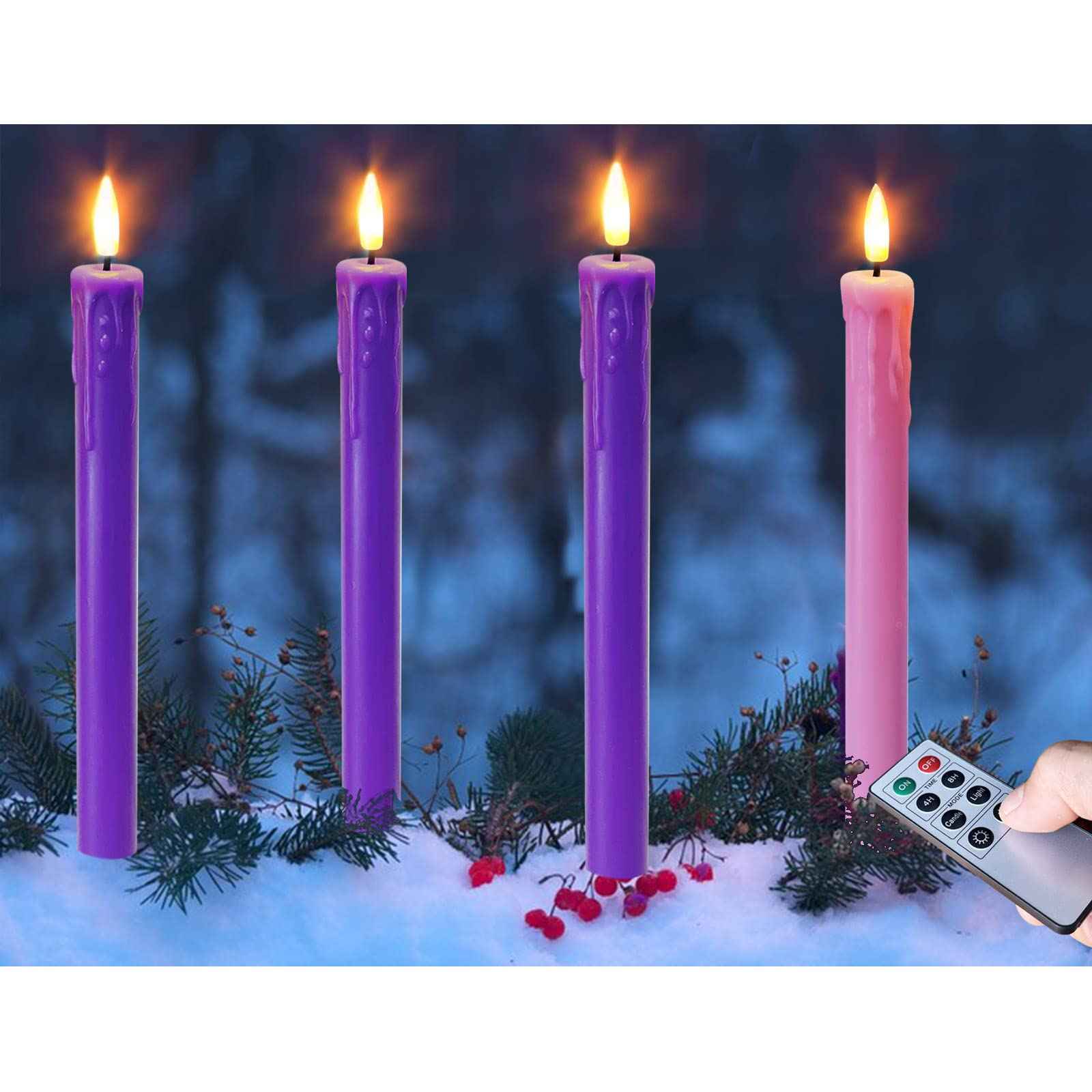 Abkshine Set of 4 LED Christmas Candle Lights, Battery Operated Taper Candles for Advent Wreath, 3 Purple 1 Rose Flickering Wax Flameless Candles for Holiday School Church Celebration