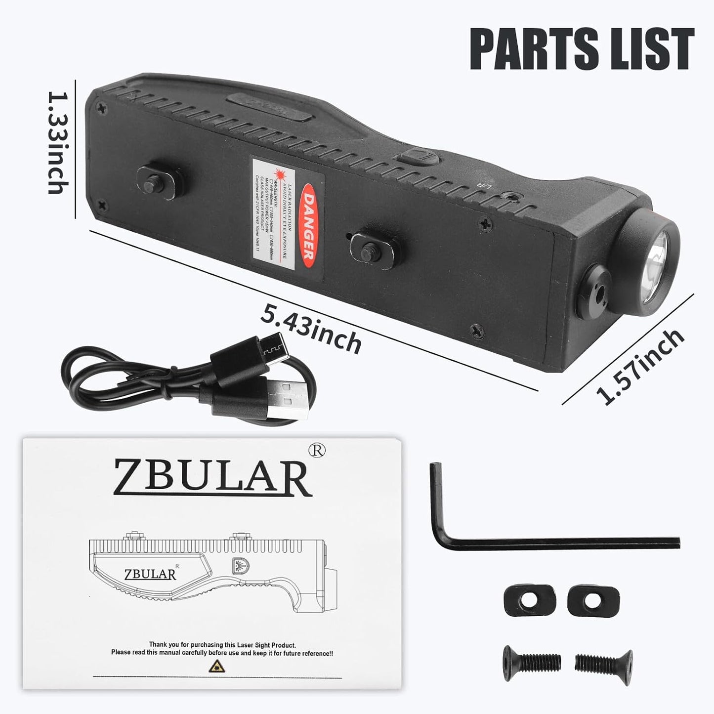 ZBULAR 1650 Lumens Flashlight with Strobe Function & Red Laser Sight - USB-C Rechargeable