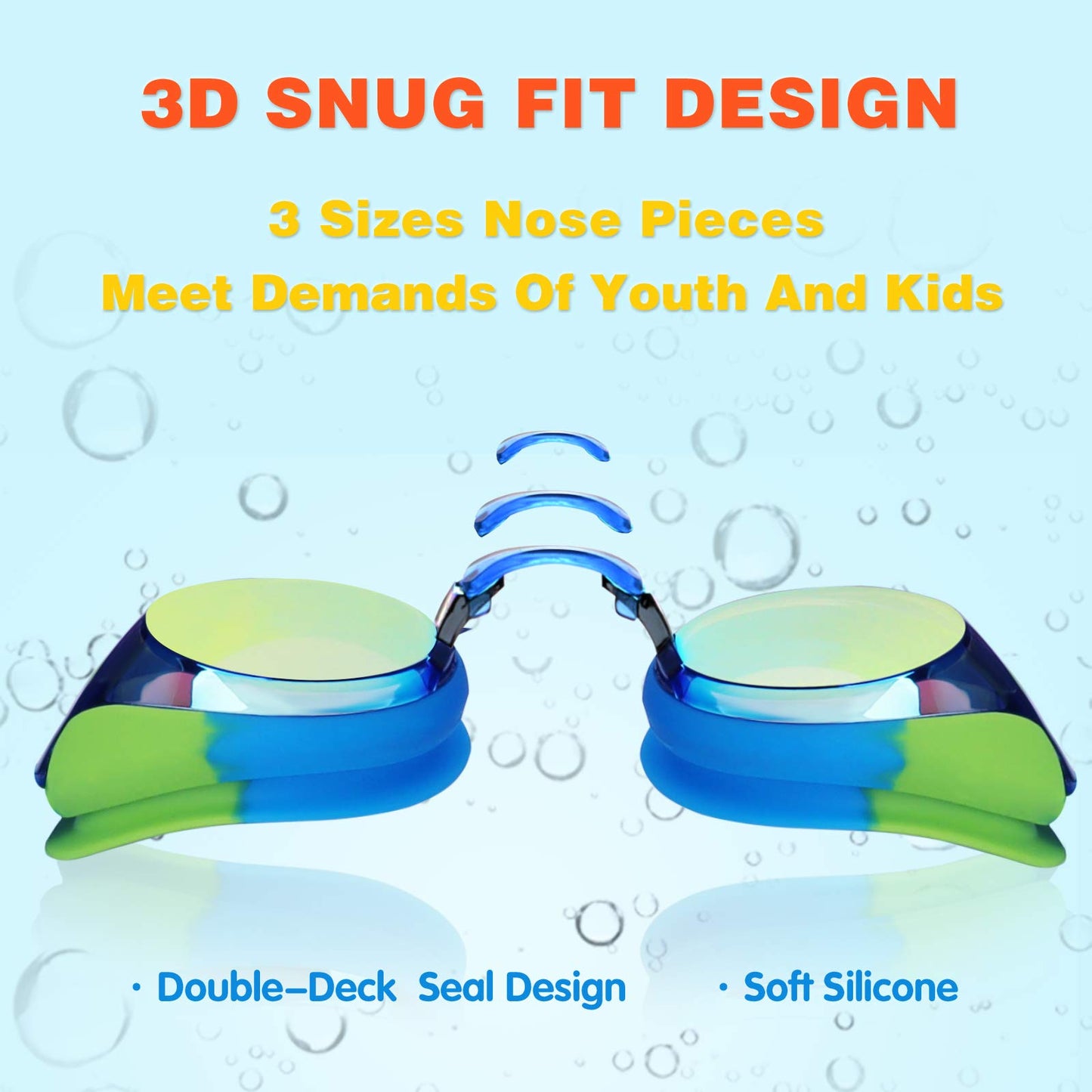 Keary 2 Pack Kids Swim Goggles Swimming Goggles for Toddler Children Girls Boys Youth, Anti-Fog Waterproof UV Protection No Glare Clear Vision Mirrored Flat Lens Water Pool Goggles with 3 Nose Pieces