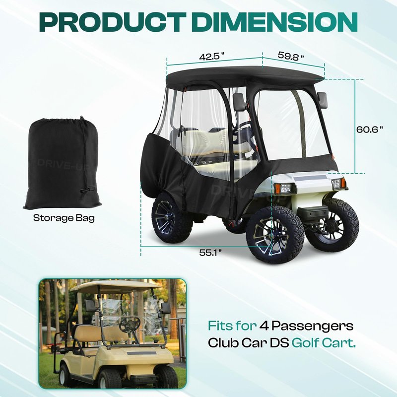 DRIVE UP Club Car Driving Enclosure, Golf Cart Enclosure Fits for 4 Passenger Club Car DS Golf Carts, 600D Waterproof Windproof Portable Golf Cart Rain Cover with Zipper Door and 4-Sided Clear Window