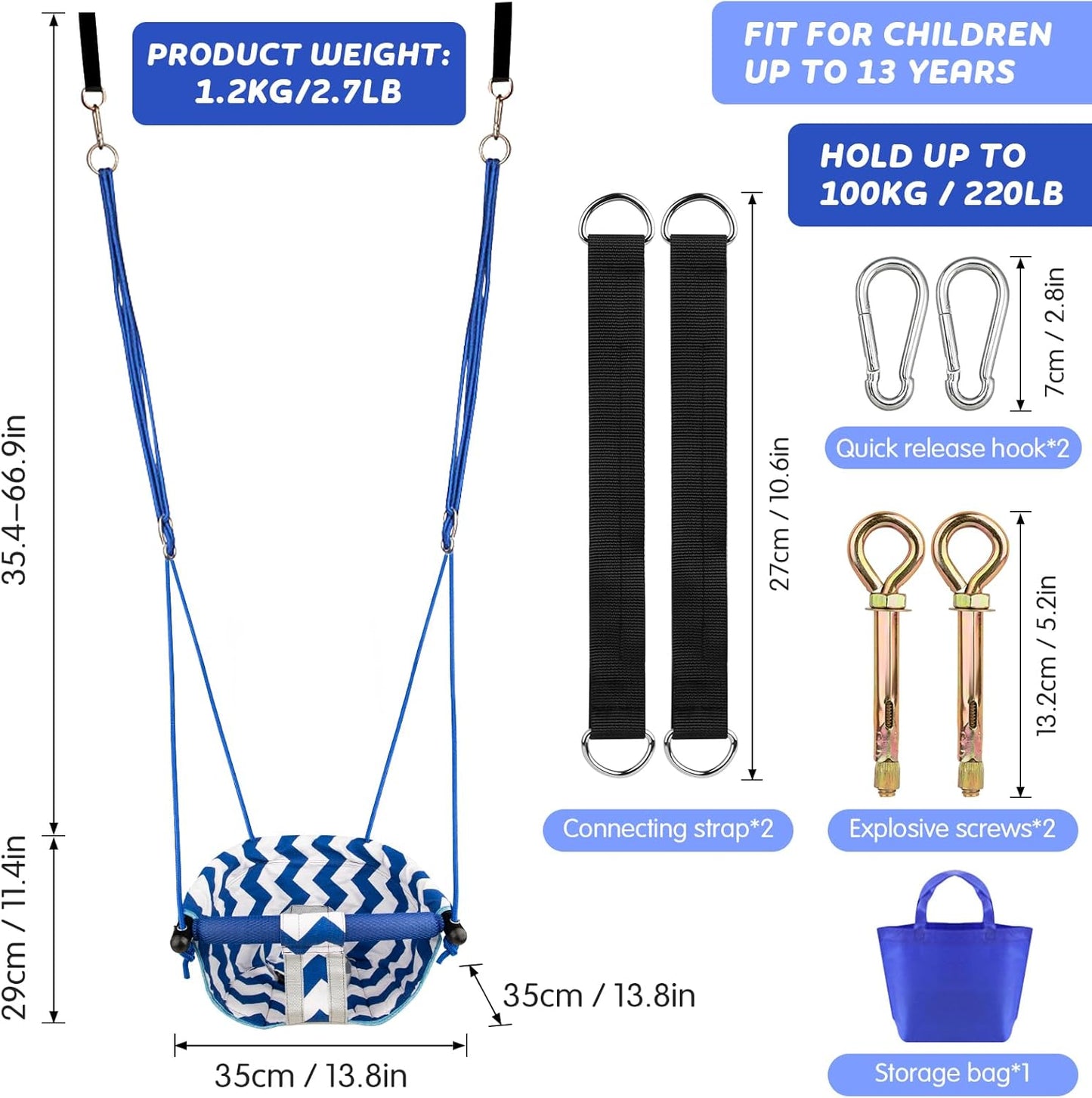Skiennix Toddler Swing - Comfy Indoor/Outdoor Baby Swing Seat with Safety Harness | Easy Installation (Blue)