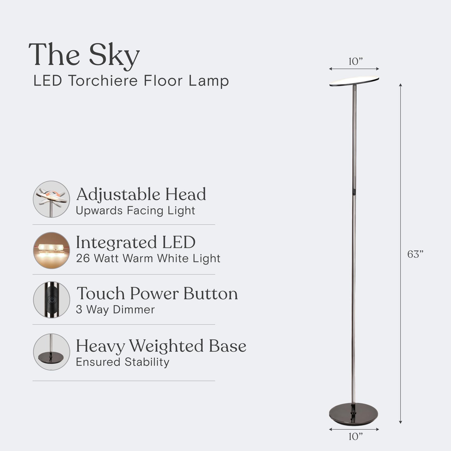 Brightech Sky LED Floor lamp, Torchiere Super Bright Floor Lamp for Living Rooms & Offices - Dimmable, Tall Standing Lamp for Bedroom Reading - Black Chrome