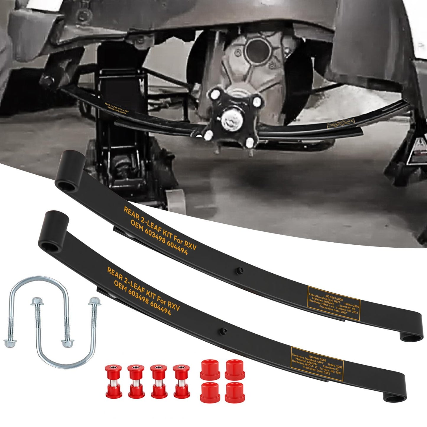 Golf Cart Rear Spring Kit for EZGO RXV 2008-Present, Heavy Duty 2- Leaf Rear Spring Kit with Bushing & Sleeves for E-Z GO RXV Golf Cart 2008 and Up