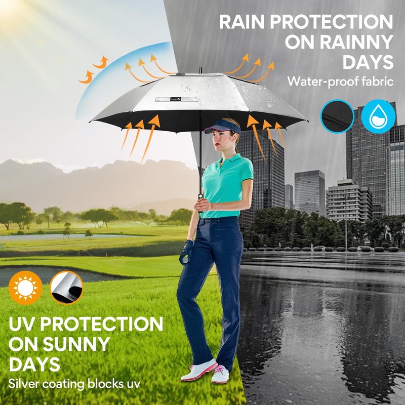 ZOMAKE Large Golf Umbrella UV Potection,68 Inch UV Blocking SPF Umbrellas for Sun Protection Windproof Heavy Duty Vented Double Canopy(Silver,Black)
