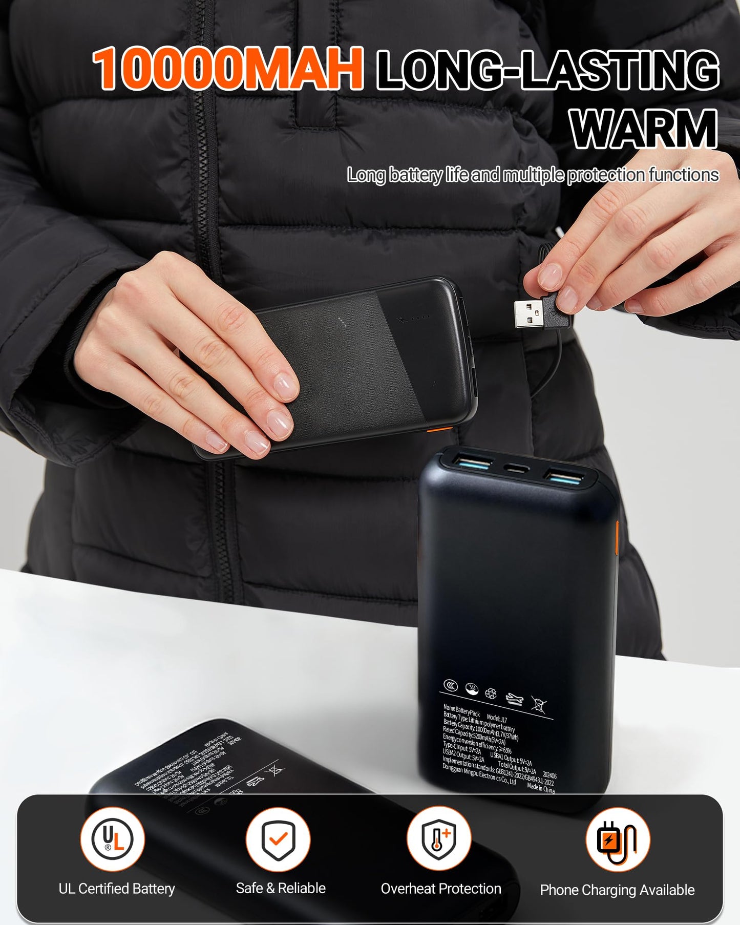 Hengriacly Graphene Heated Jacket for Women, Long Heated Coats for Women with Battery Pack 8 Heating Zones Detachable Hood