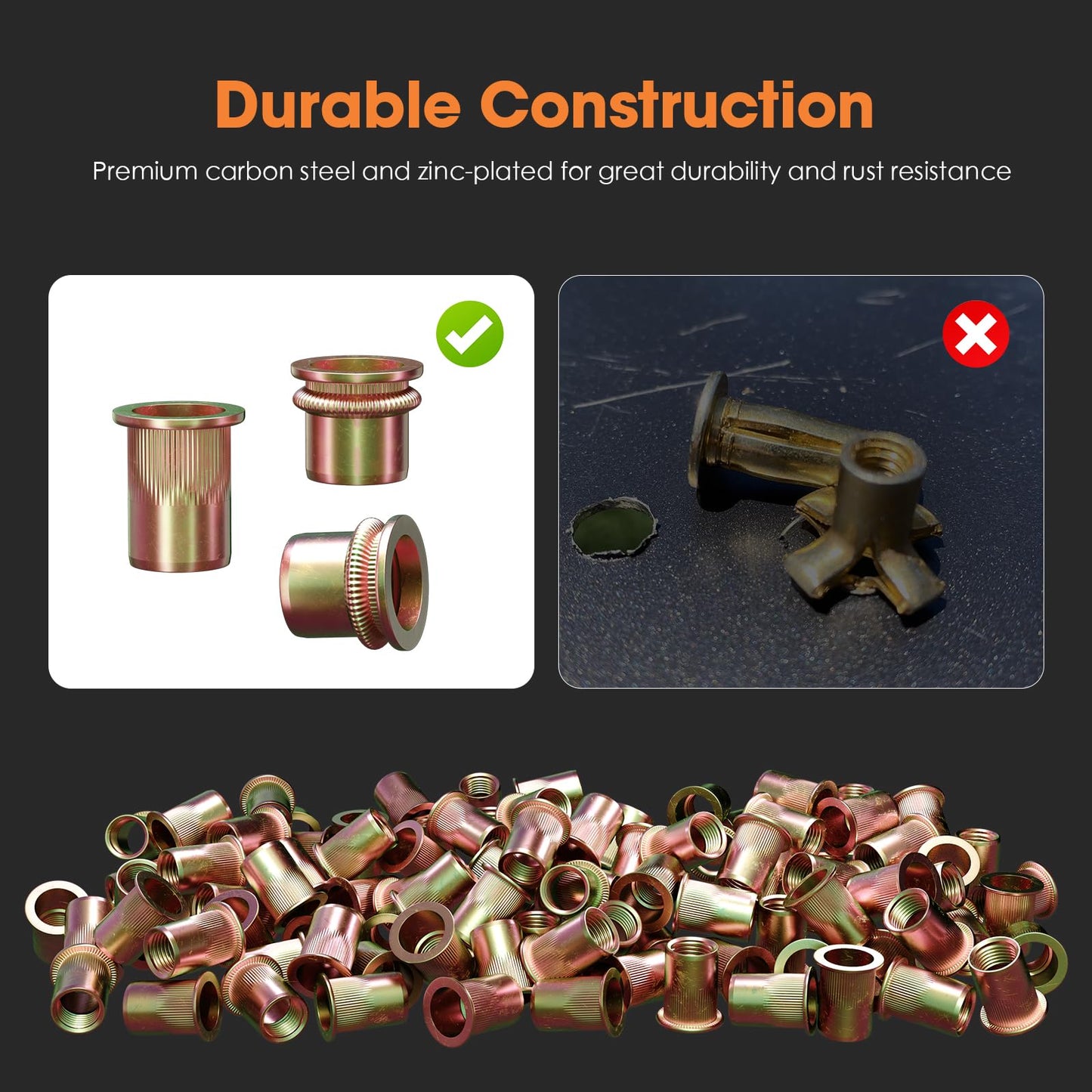 HANGLIFE Rivet Nut, M12 Metric Rivnut - Flat Head Nutserts, Zinc Plated Carbon Steel Knurled Body Threaded Insert Nuts, 20 Pieces