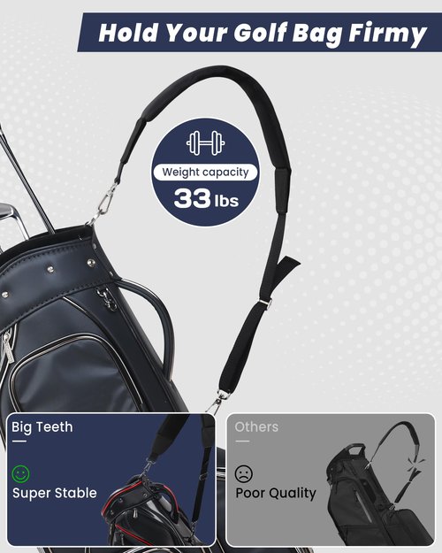 BIG TEETH Golf Bag Strap Single Padded Shoulder Strap Adjustable Thick Pad Straps Universal Replacement Quick Release (Full black with 2 clips)