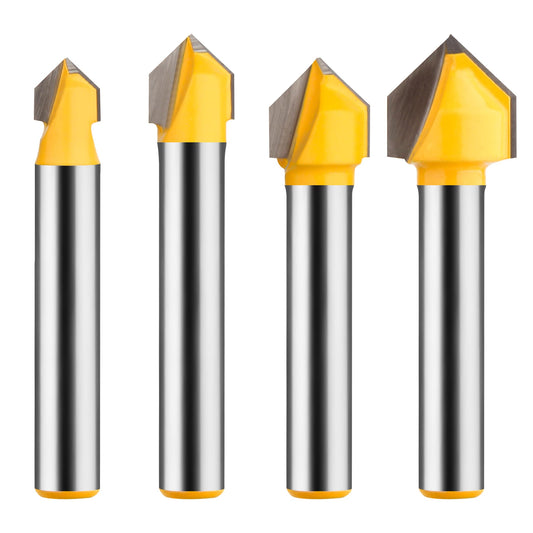 UTRUSTTO 90 Degree V Groove Router Bit Set 1/4 Inch Shank, CNC Engraving V Grooving Bit Cutter for Woodworking Carving, Cutting Diameter: 1/4", 5/16", 3/8", 1/2"