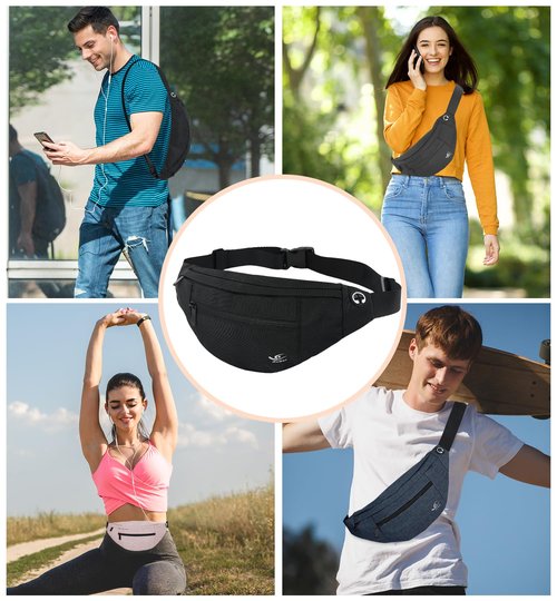 HiRui Large Crossbody Fanny Pack for Men Women Waist Bag Pack with 4-Zipper Pockets Phone Bag Fits All Phones Wallet Keys, Casual Hands-Free Waist Pack for Travel Workout Running (Black)