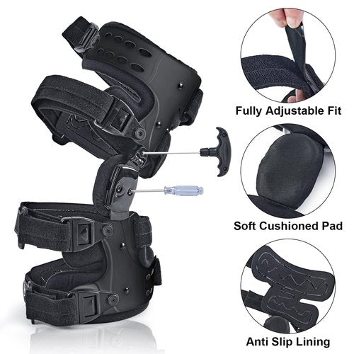 EZWORK OA Unloader Knee Brace - Arthritis Pain Relief, Osteoarthritis, Bone on Bone Knee Joint Pain, Cartilage Defect Repair, Avascular Necrosis Hinged, Degeneration (Black Left)