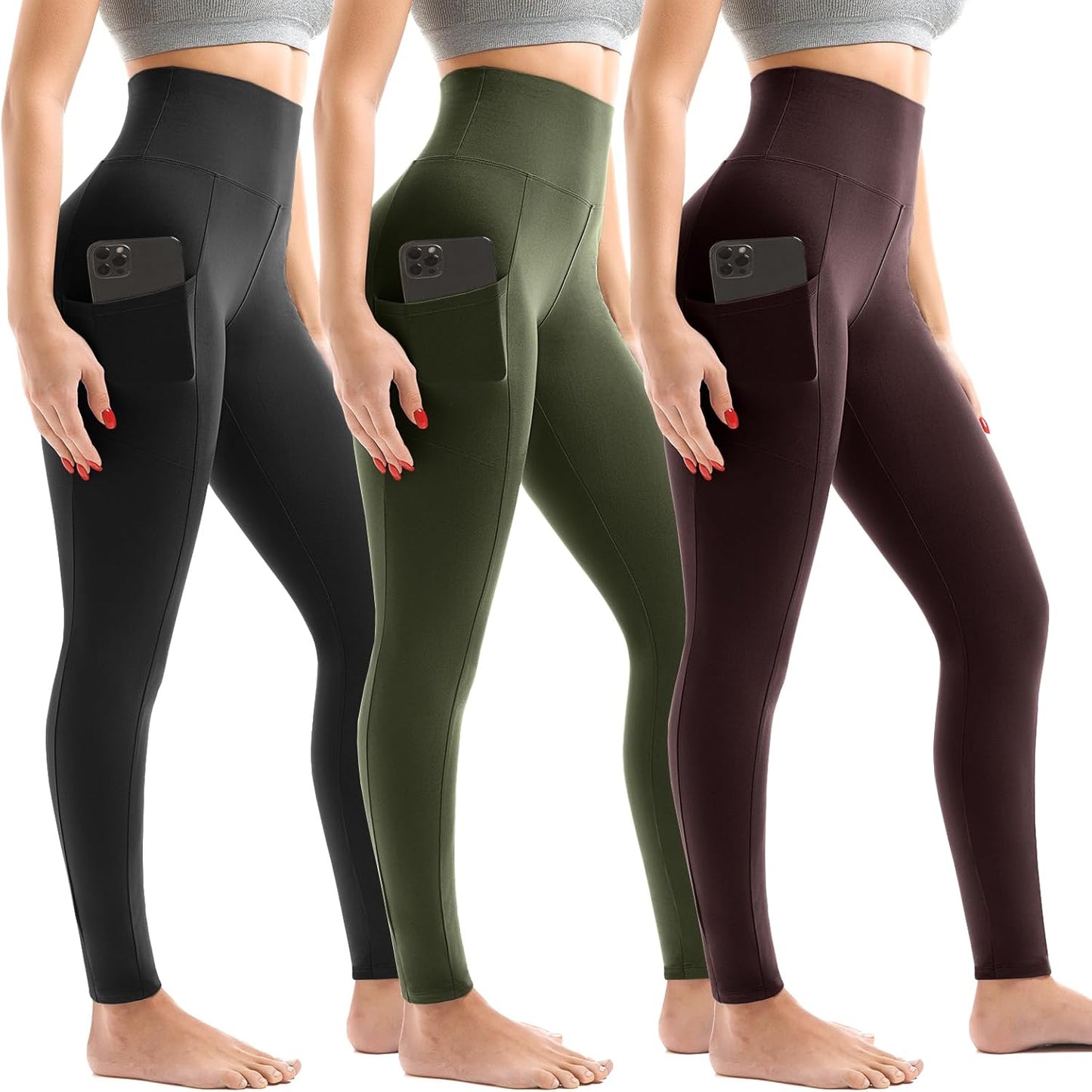 Skiennix High Waist Leggings for Women - 3 Pack with Convenient Pockets | Comfortable Fit
