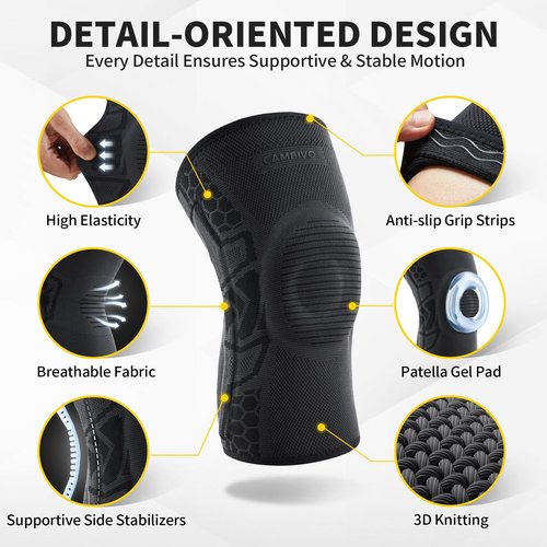CAMBIVO Elite Motion Series Knee Brace for Men and Women (2 Pack), Knee Compression Sleeves with Patella Gel Pad and Side Stabilizers for Knee Pain Relief, Running, Workouts, Sports (Black, Large)