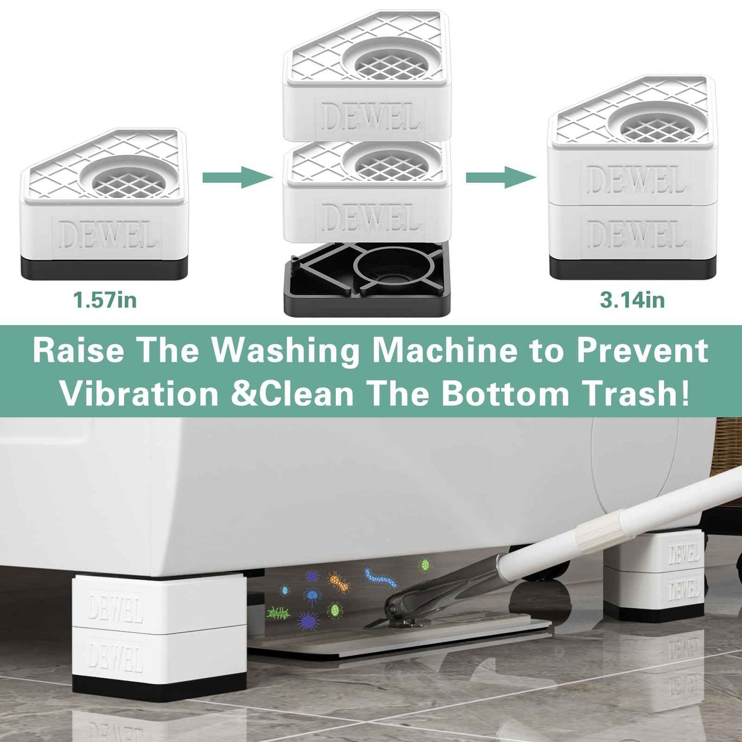 DEWEL Anti Vibration Pads for Washing Machine, 8 Pcs Washer and Dryer Pedestals Stackable Double Heighten Rubber Anti Vibration Pads, Shock Absorption & Non-Slip Floor Protection for Laundry Room