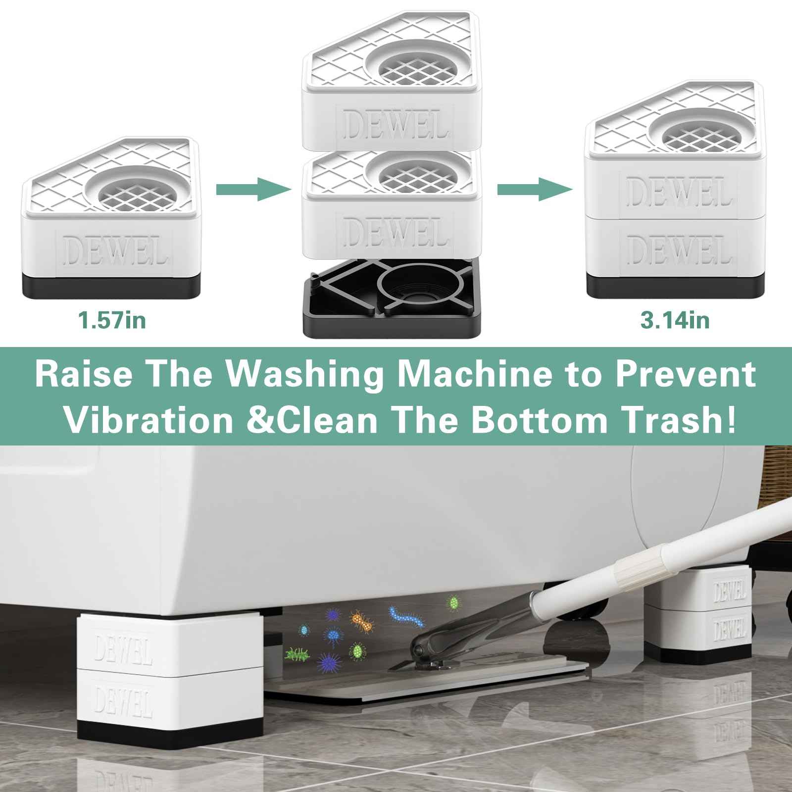 DEWEL Anti Vibration Pads for Washing Machine, 8 Pcs Washer and Dryer Pedestals Stackable Double Heighten Rubber Anti Vibration Pads, Shock Absorption & Non-Slip Floor Protection for Laundry Room